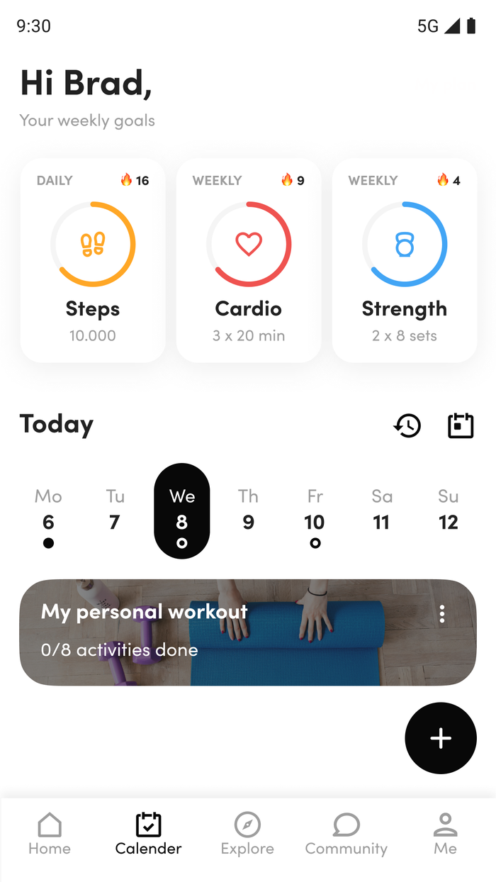 Trainingsapp van Fit Up — dagelijkse doelen voor stappen, cardio en kracht
