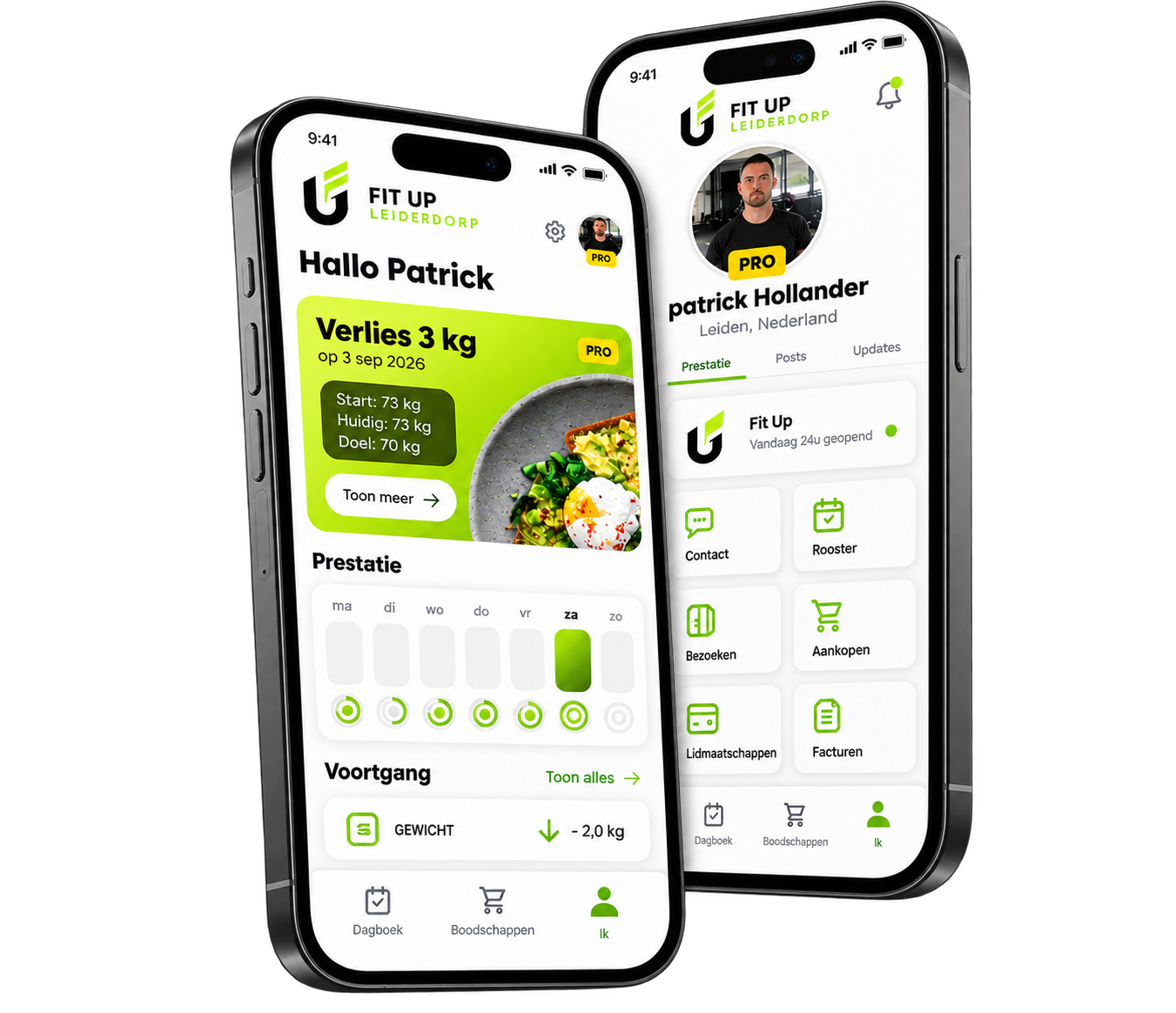 Twee smartphones met de Fit Up online coaching-app: voortgang, gewicht en coachprofiel