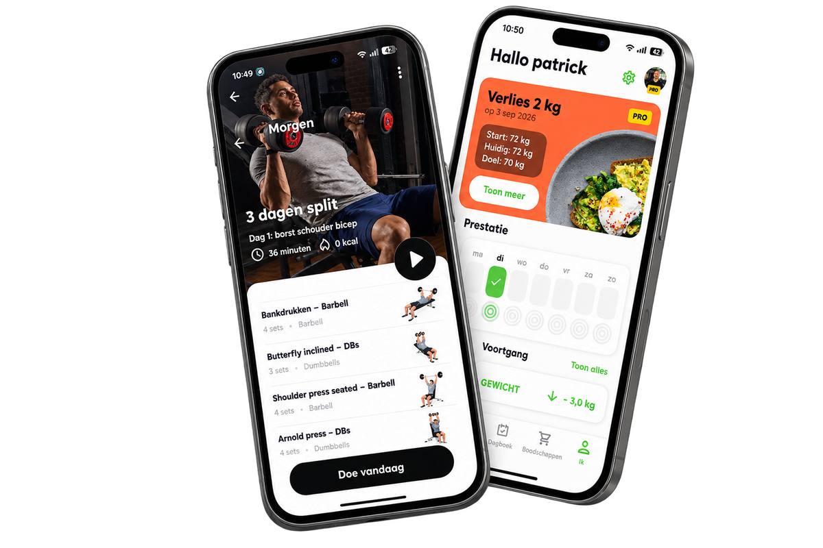 Twee smartphones met de Fit Up app — trainingsschema en voedingsplan in één overzicht