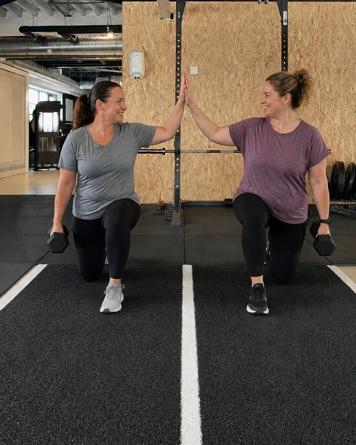 Twee leden die elkaar motiveren tijdens een Small Group PT-sessie bij Fit Up Leiderdorp